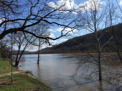 The Ohio River in New Cumberland, West Virginia, runs high after the recent rain.